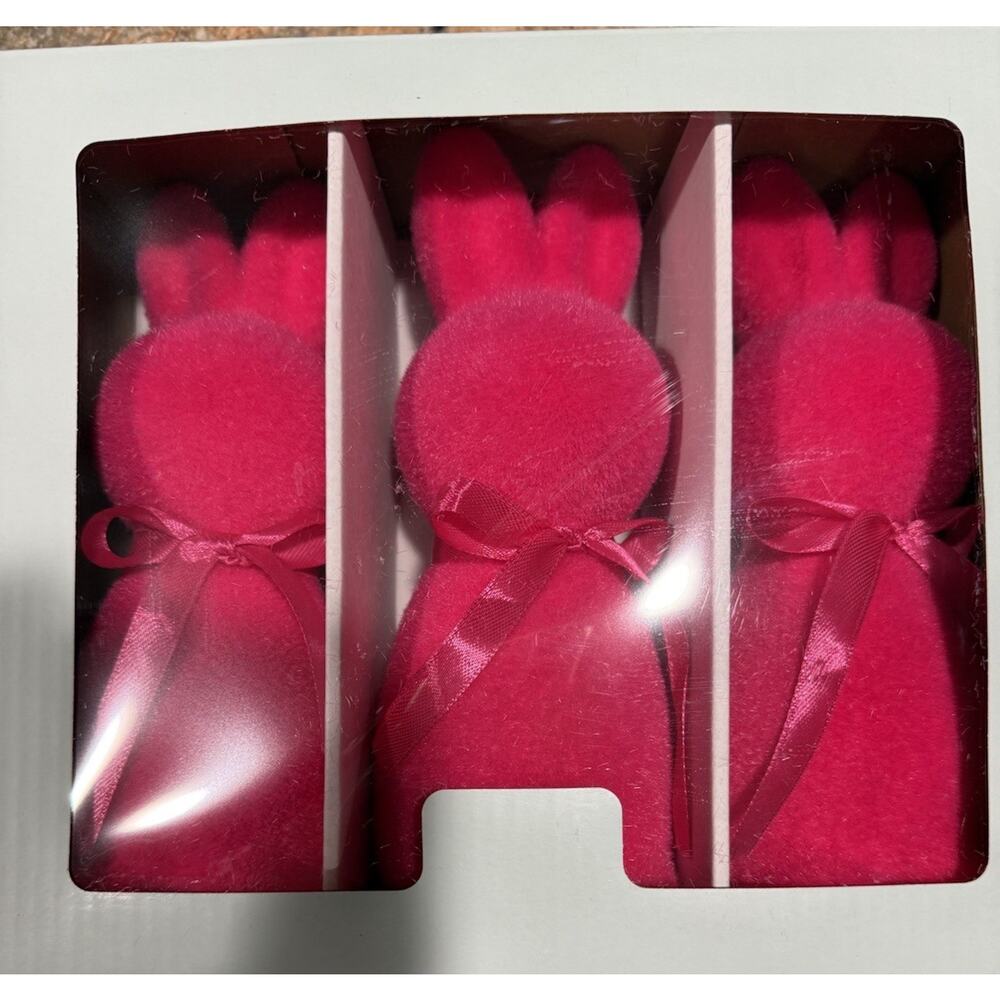 Easter Decorations Bunny Decor: Pink Flocked Rabbit Figurines Set of 3